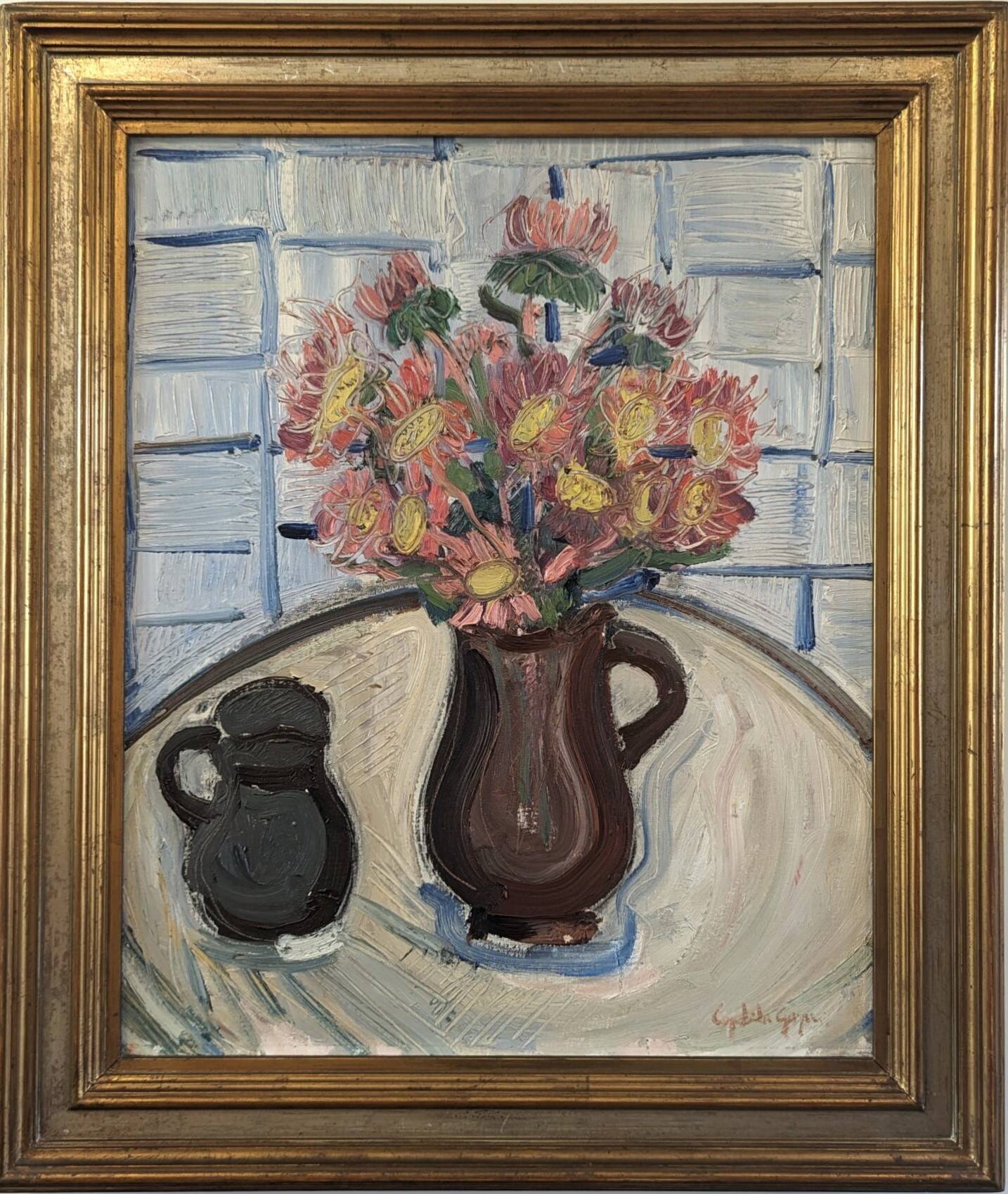 Mid-Century Modern Swedish "Pink Flowers" Vintage Still Life Oil Painting, Framed