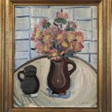 Mid-Century Modern Swedish "Pink Flowers" Vintage Still Life Oil Painting, Framed