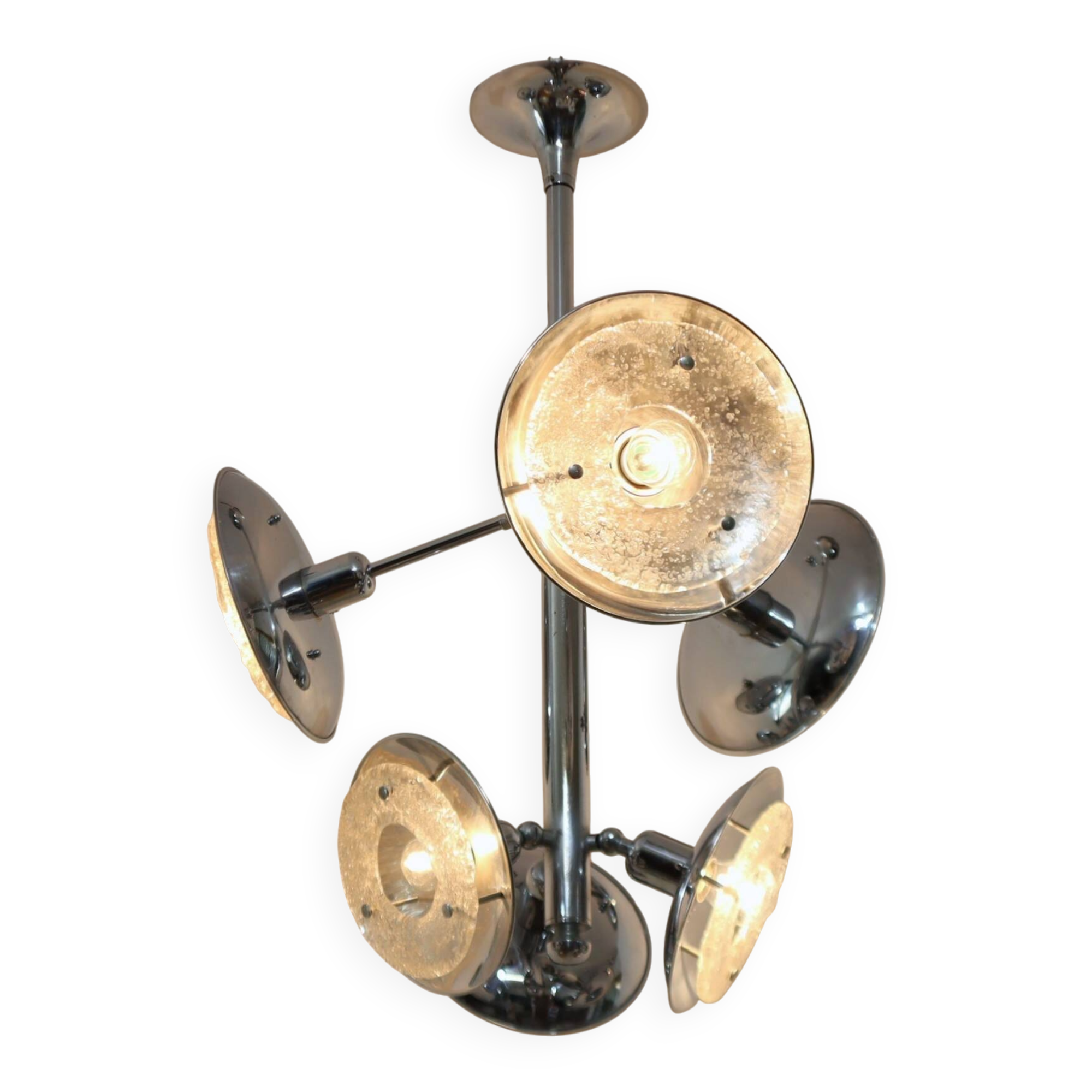 Esperia chandelier 1970s, chrome and Murano glass, 6 arms adjustable