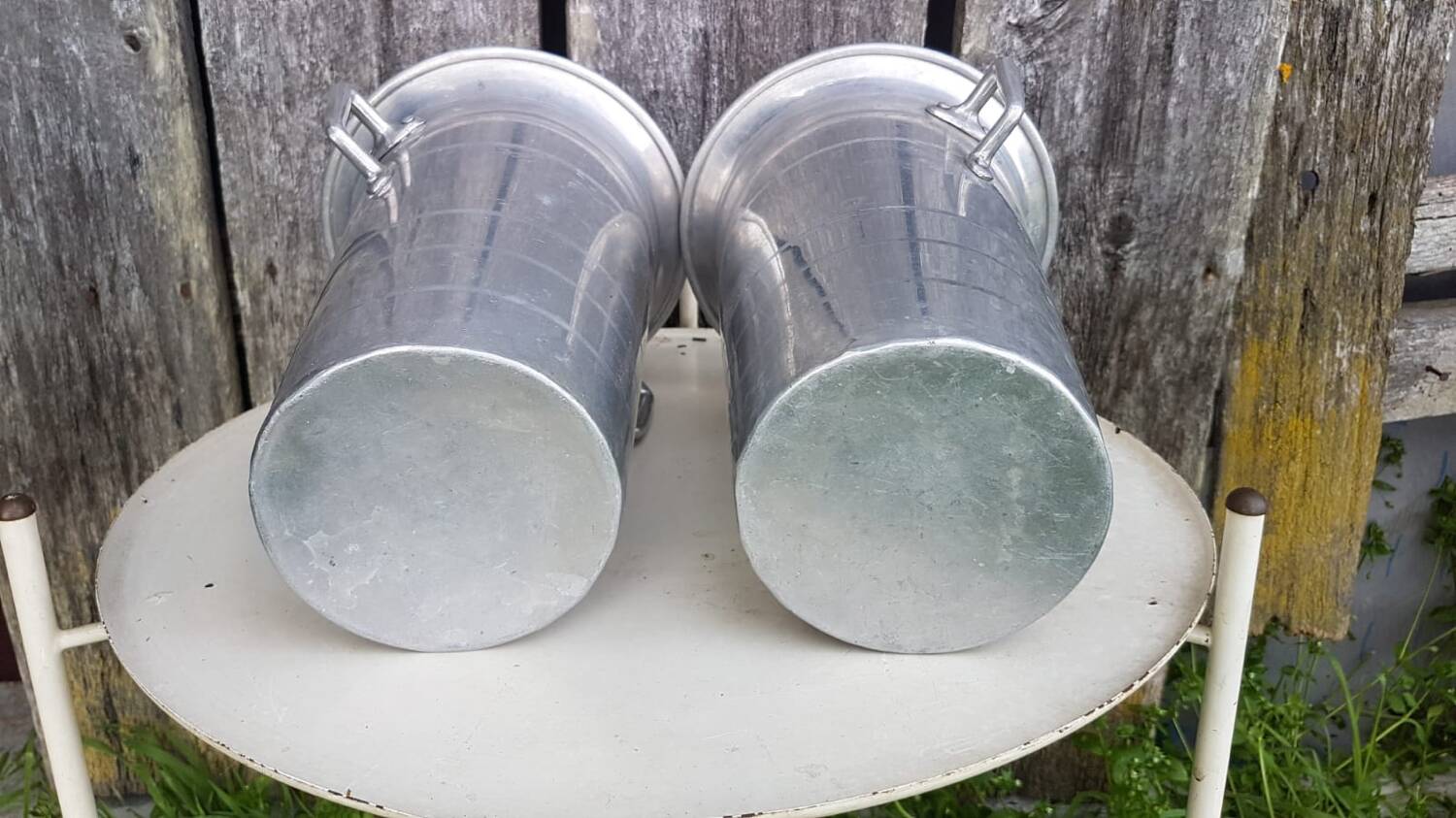 Old pair of aluminum champagne buckets vintage kitchen utensil #a682