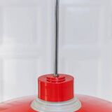 Red metal and glass Danish ceiling light, mid-century Memphis-inspired pendant with opal globe