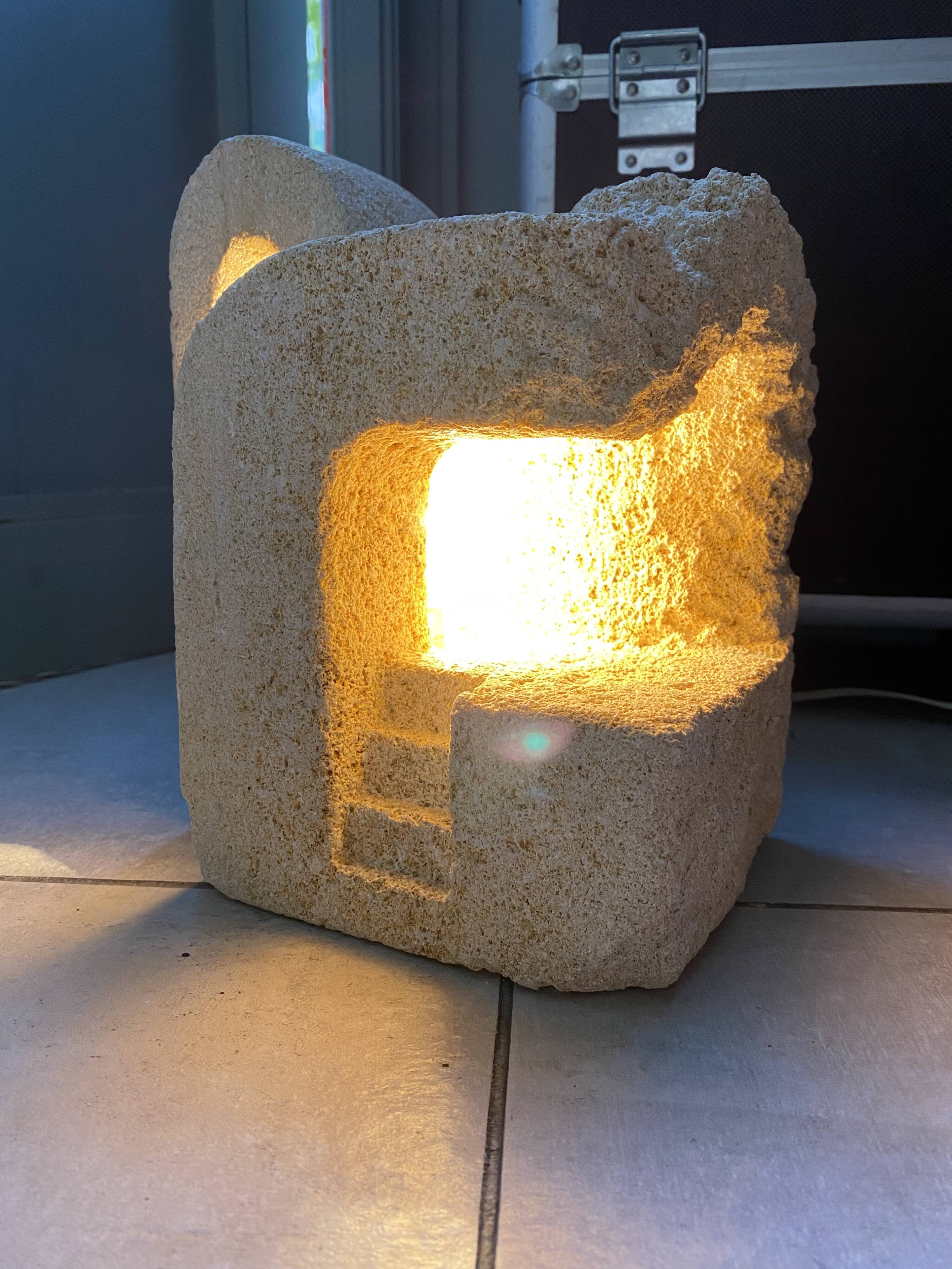 Brutalist limestone lamp signed AC Masson 1970
