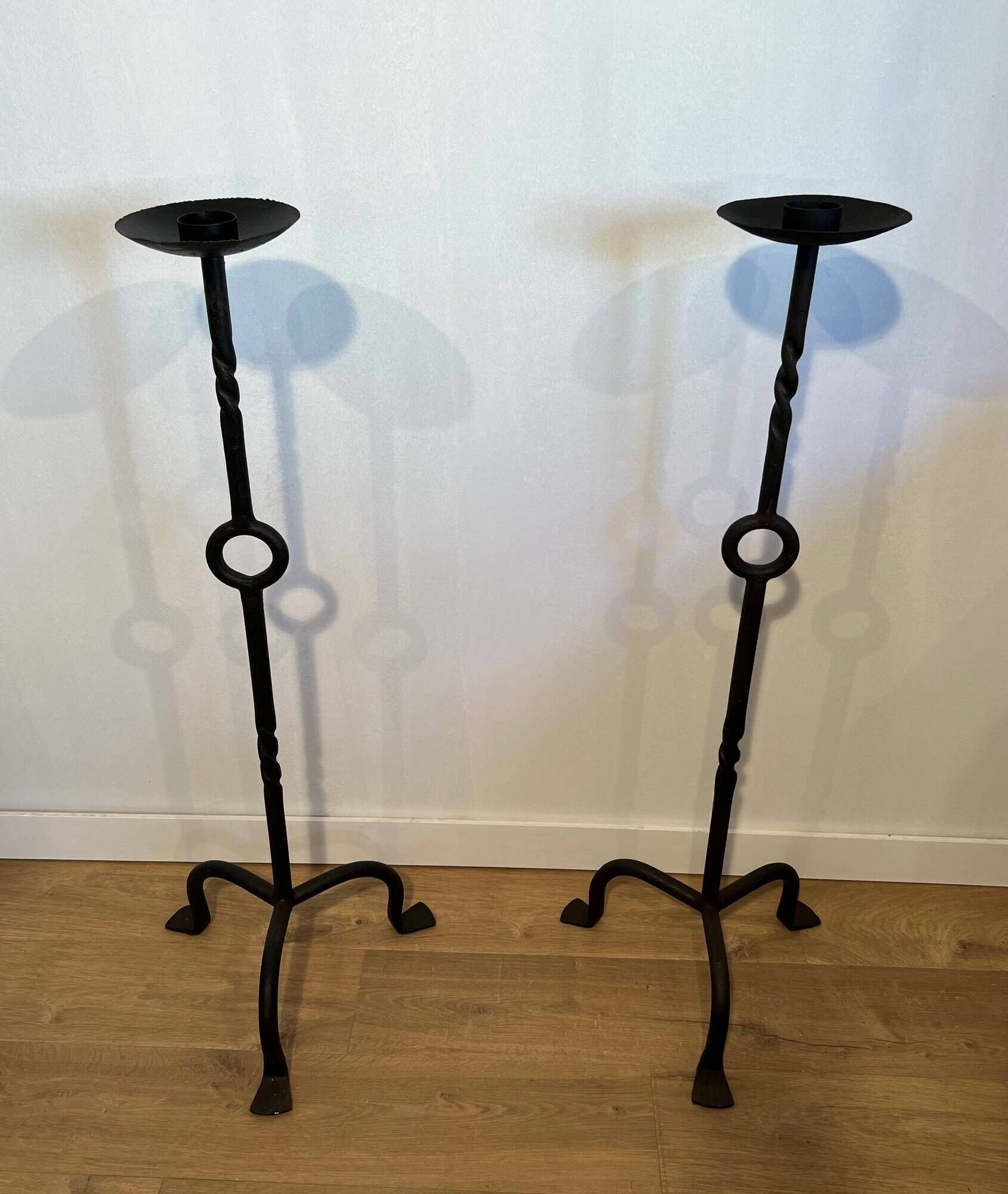 Pair of Iron Forged Candle Holders on a Stand with a Twisted Shaft and Ring. Work