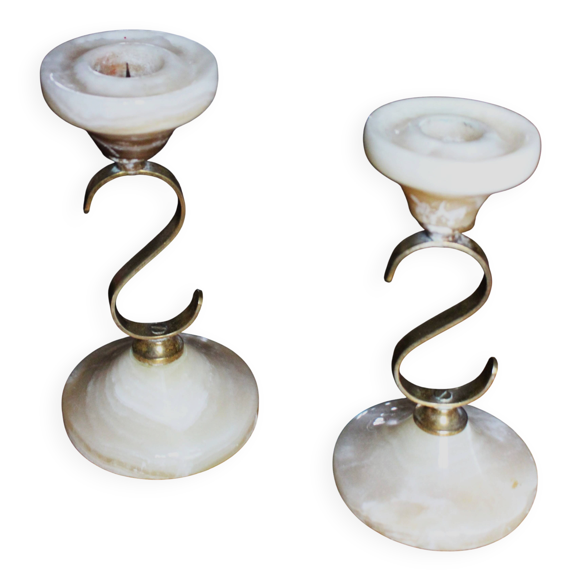 Pair of curved brass candlesticks with onyx