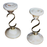 Pair of curved brass candlesticks with onyx