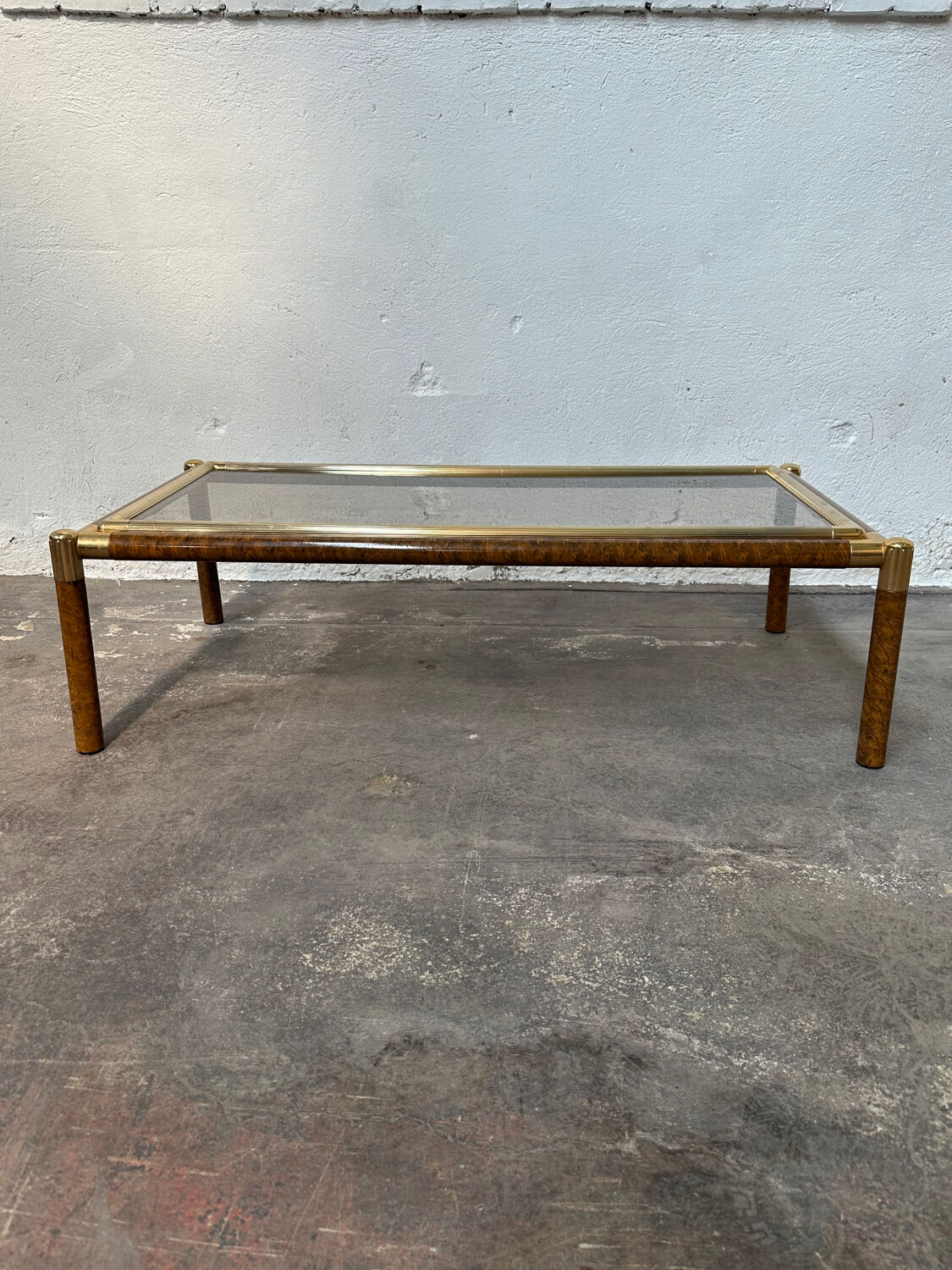 Gold-tone metal and imitation elm burl coffee table