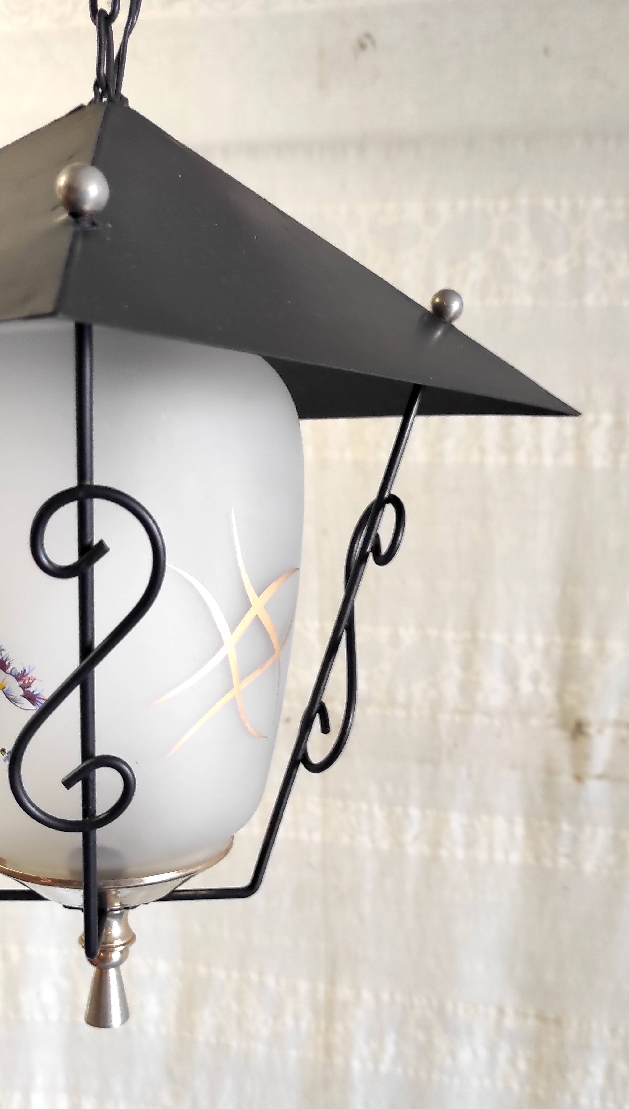 Lantern pendant light in metal, brass and glass - 50s/60s