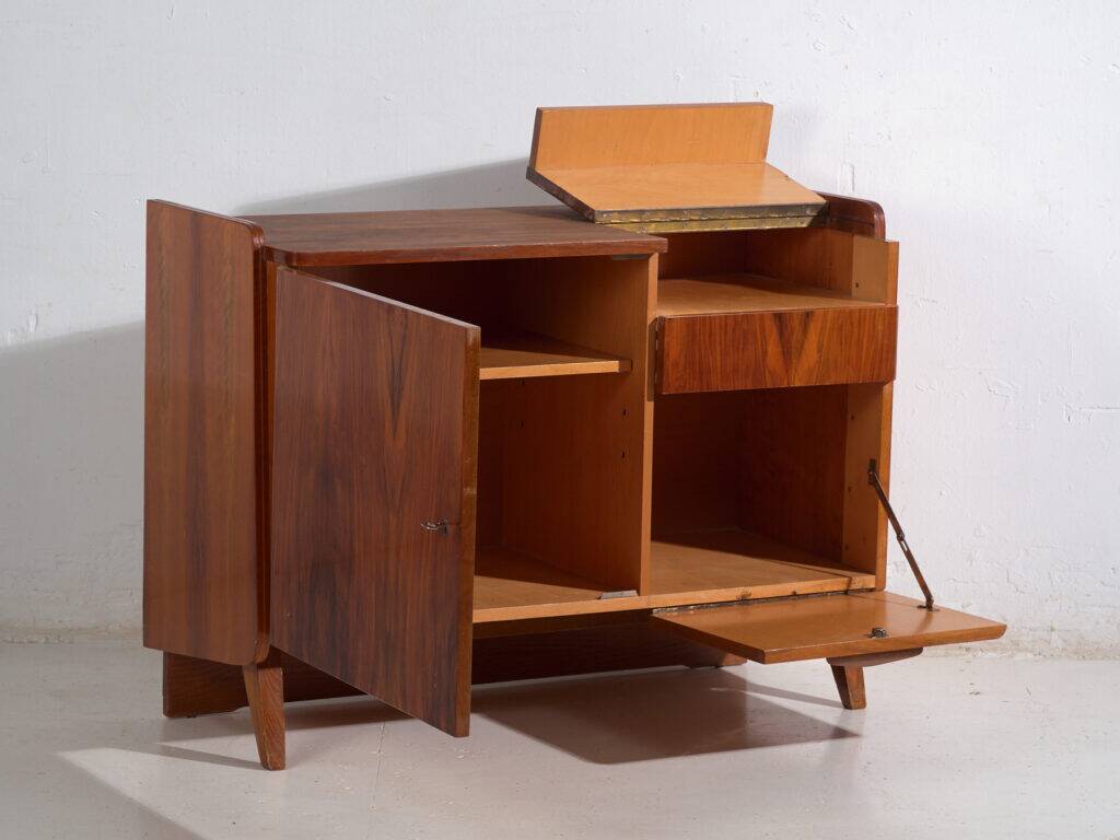 Mid-century walnut veneer sideboard with triangular handles – Czechoslovakia, circa 1960