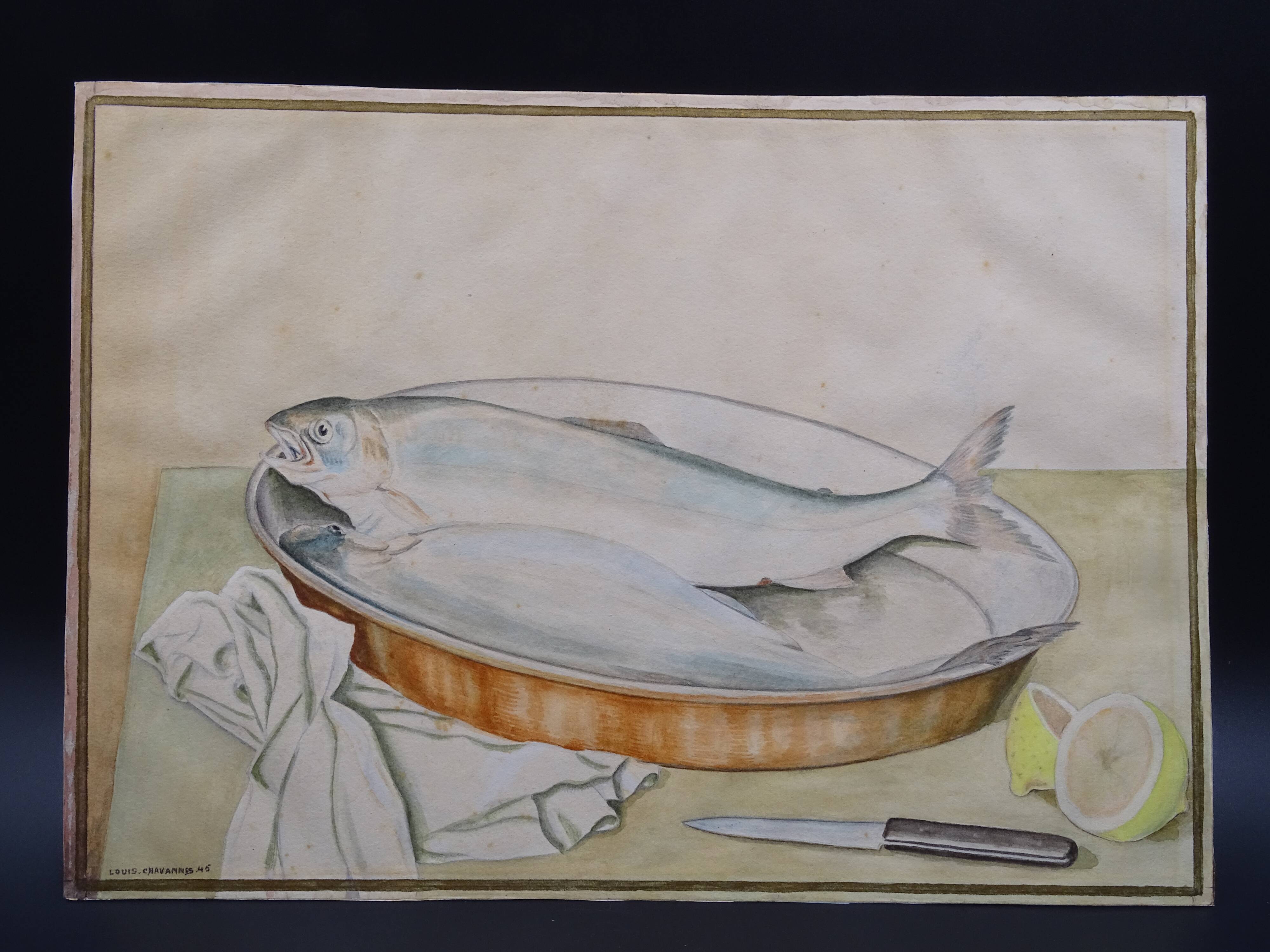 Still life with Pisces, lemon and knife by Louis Chavannes - Watercolor dated 1945