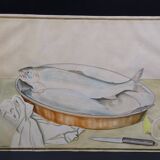 Still life with Pisces, lemon and knife by Louis Chavannes - Watercolor dated 1945