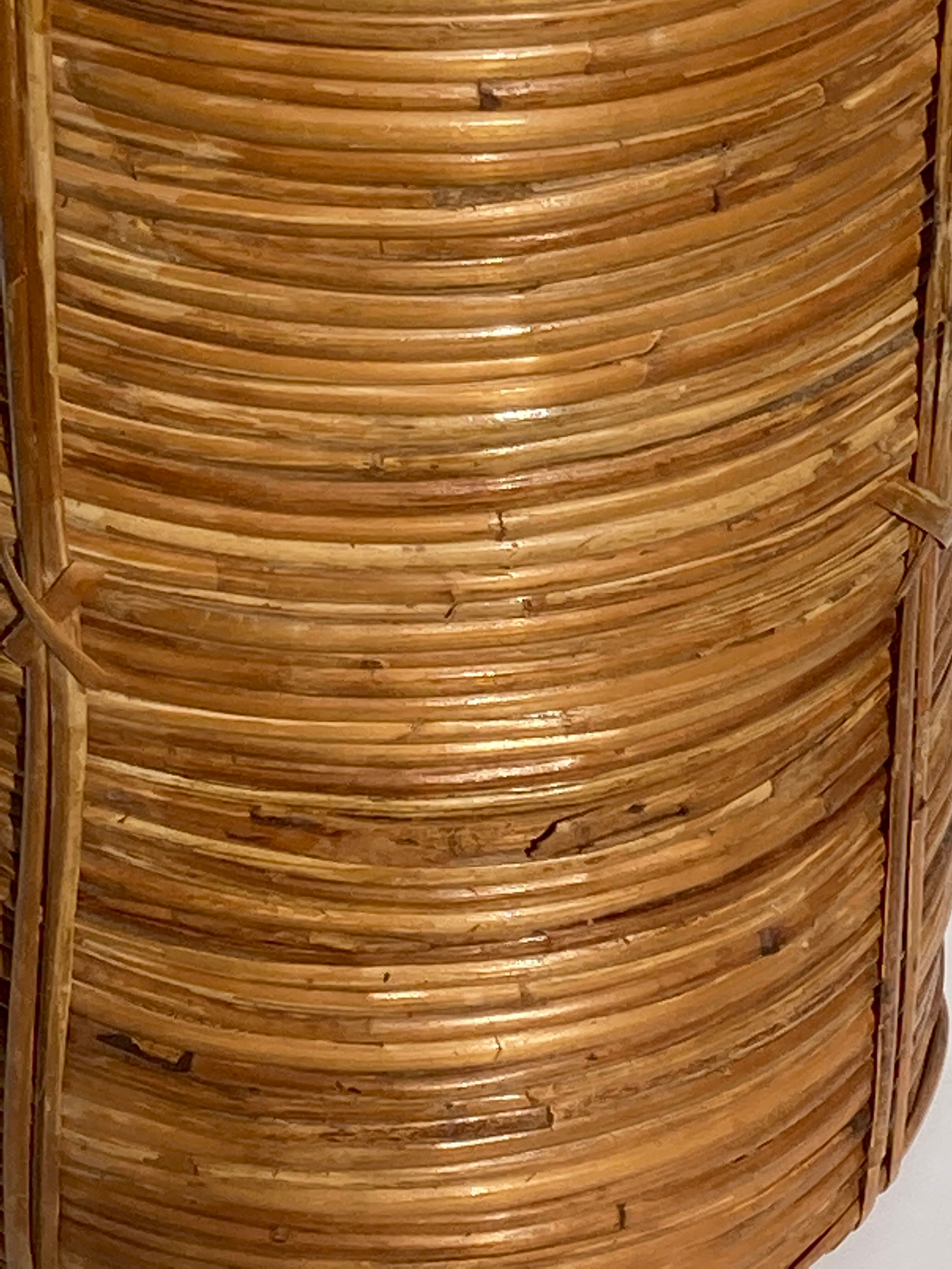 Midcentury rattan wicker and brass umbrella stand or basket