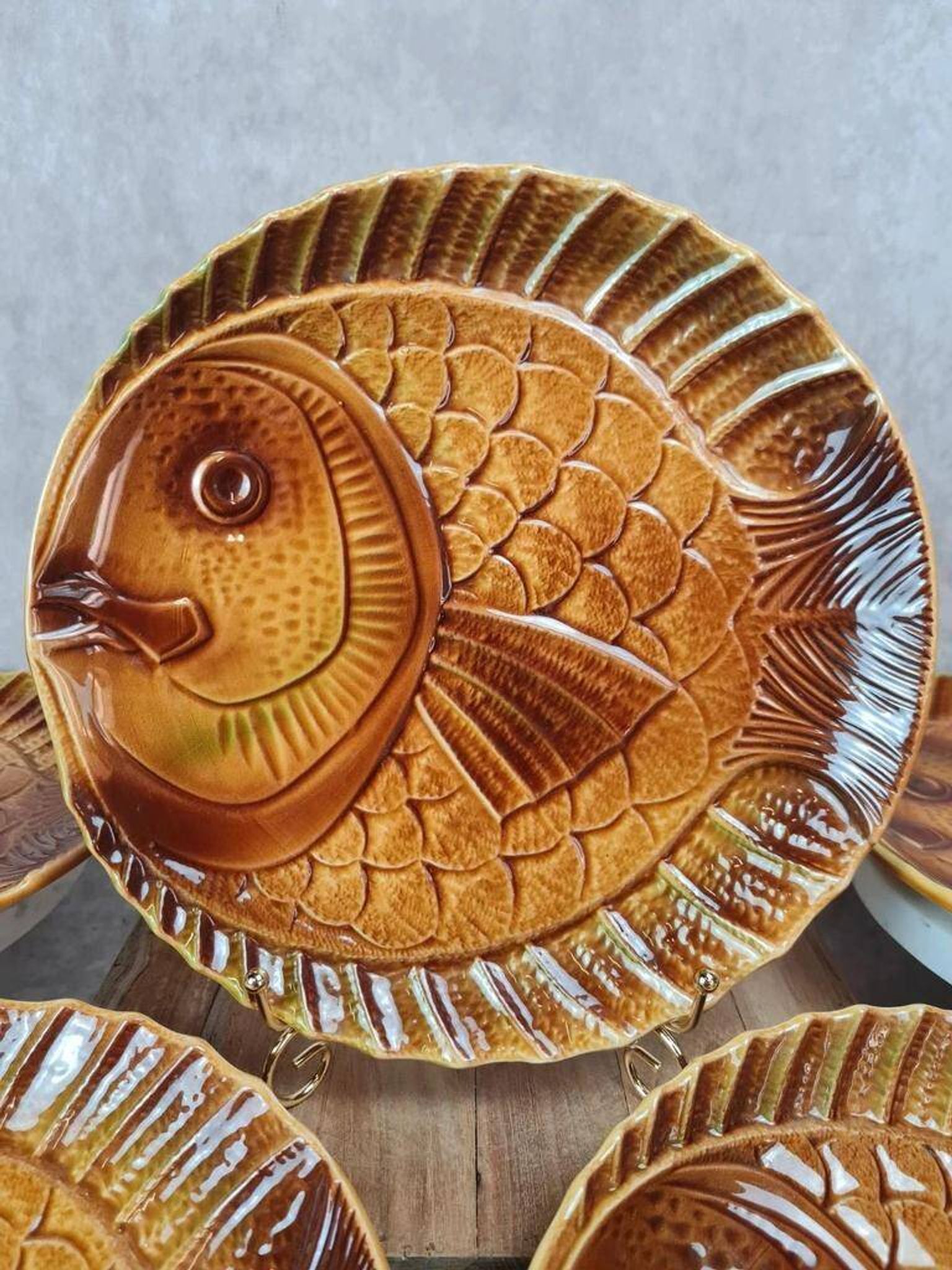 Set of 6 large fish plates Sarreguemines vintage