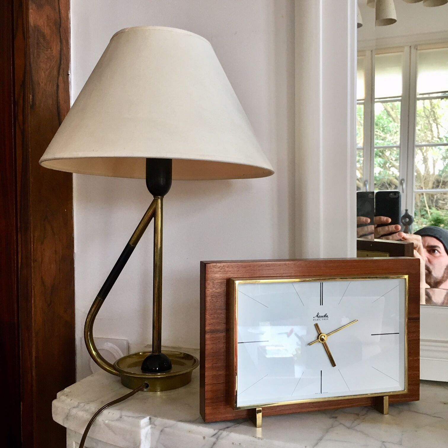 Modernist West German Glass and Brass Wood Clock 1960
