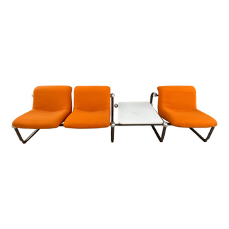 Banquette 3 places avec table de Marc Held, années 80, Airborne Edition
