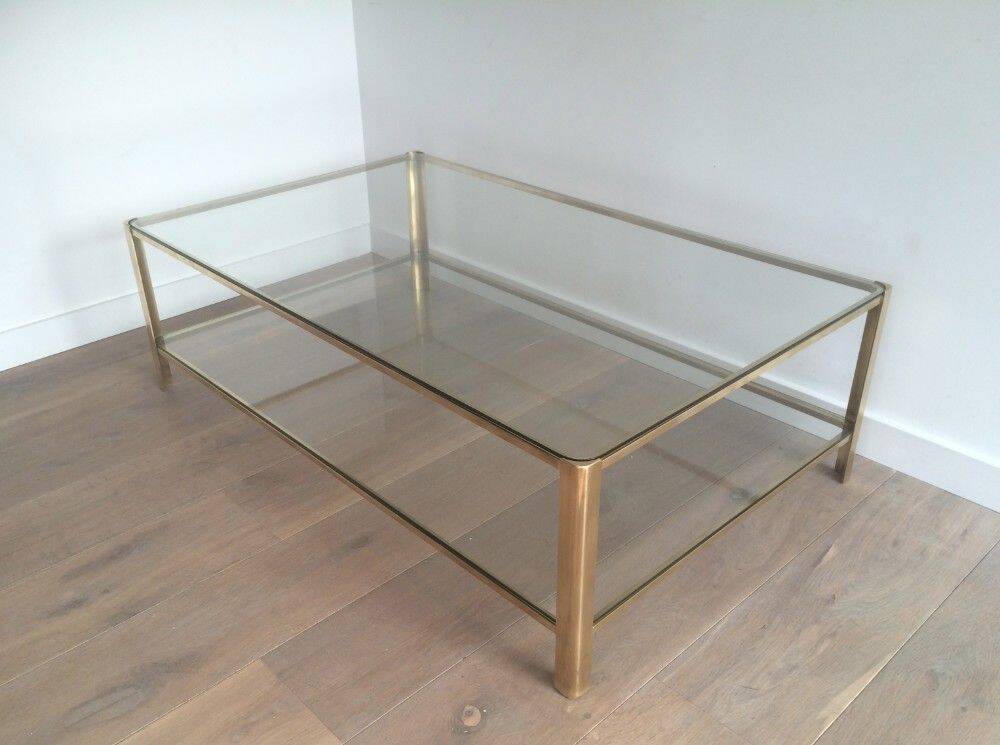 Large coffee table with a double top in polished bronze and glass, signed Jacques Théophile Lepelletier and stamped Broncz.