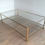 Grande table basse à double plateau en bronze poli et verre signé Jacques Théophile Lepelletier et estampillé Broncz