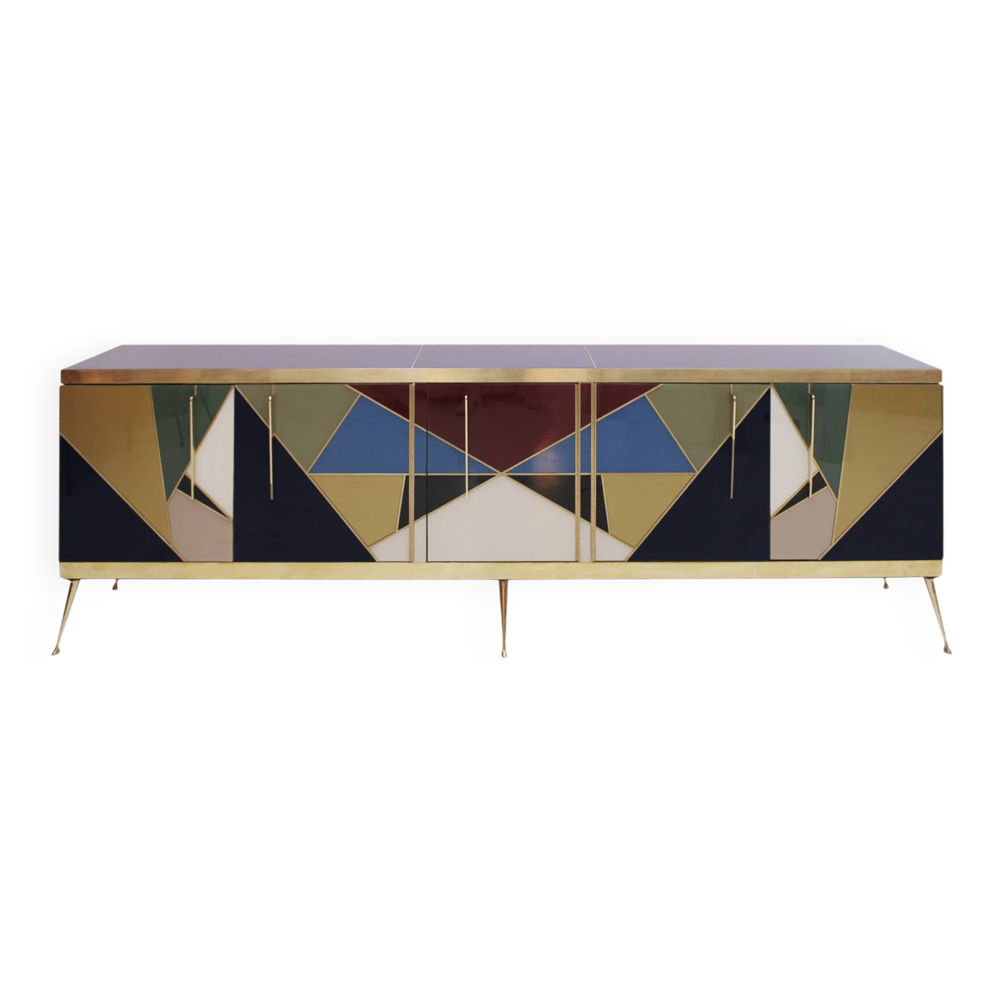 Mid-Century Modern Style Italian Sideboard Made of Wood Brass and Colored G