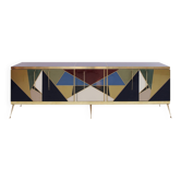 Buffet italien de style mid-century moderne en bois, laiton et verre coloré.