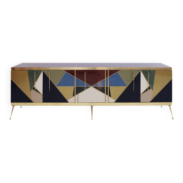 Mid-Century Modern Style Italian Sideboard Made of Wood Brass and Colored G