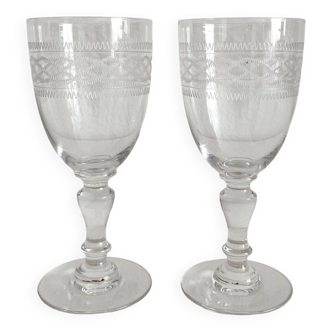 2 antique white wine glasses in engraved crystal