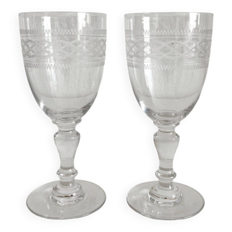 2 antique engraved crystal white wine stemmed glasses