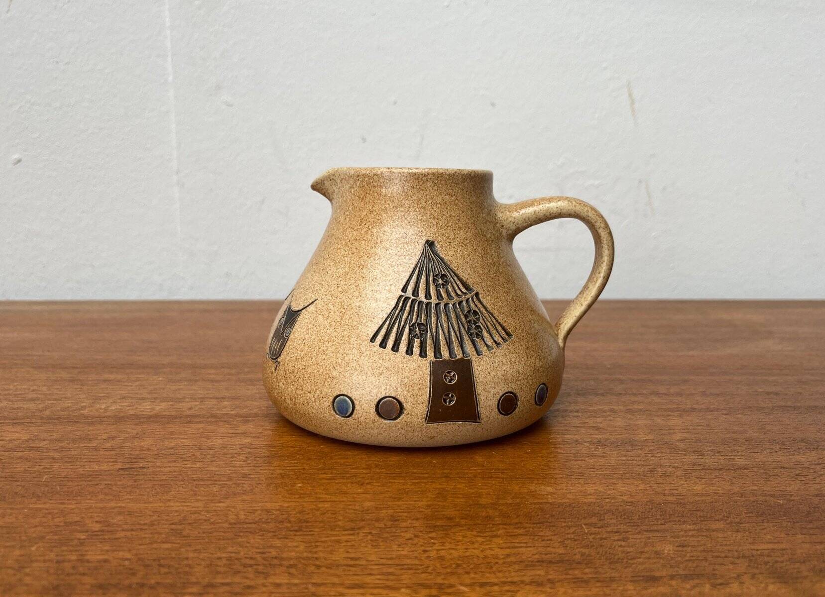 Mid-century German ceramic studio pitcher with owl motif by Heinz Theo Dietz, 1960s.