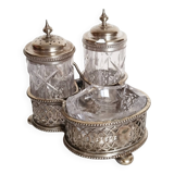 Serviteur salière , poivrier et moutardier en verre ciselé et métal argent