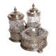 Salt, pepper and mustard shaker set in chiseled glass and silver metal