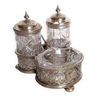 Serviteur salière , poivrier et moutardier en verre ciselé et métal argent