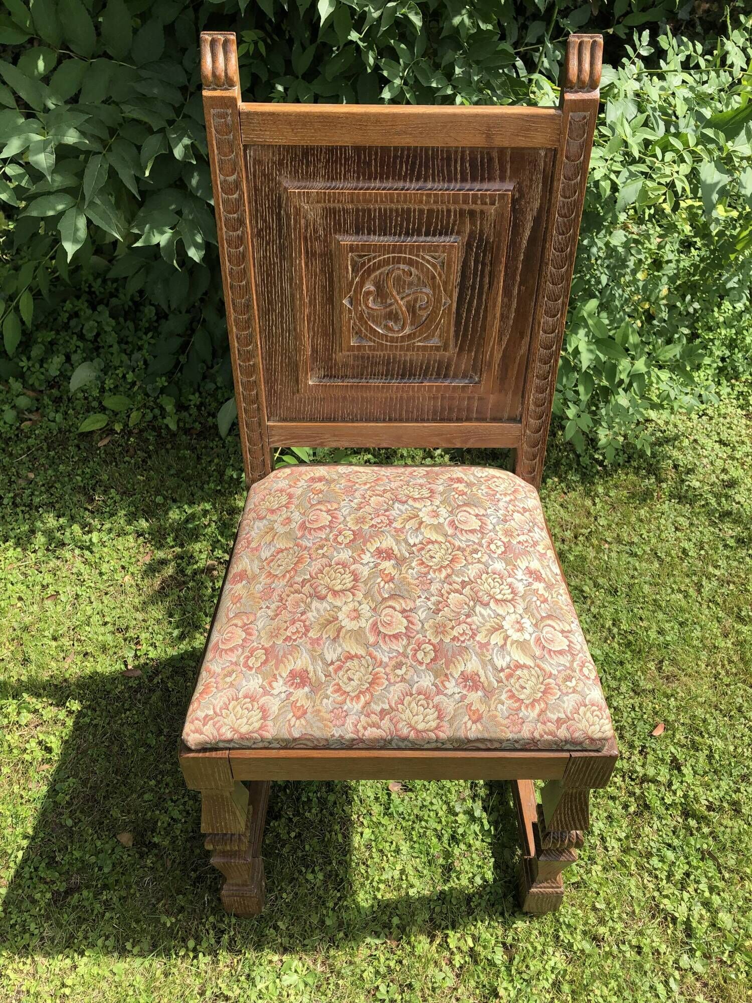 Series of 6 Chairs Neo Basque Wood Carved Cross Basque + Assise Fabric Vintage