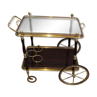 Rolling table in brass and mahogany with removable trays