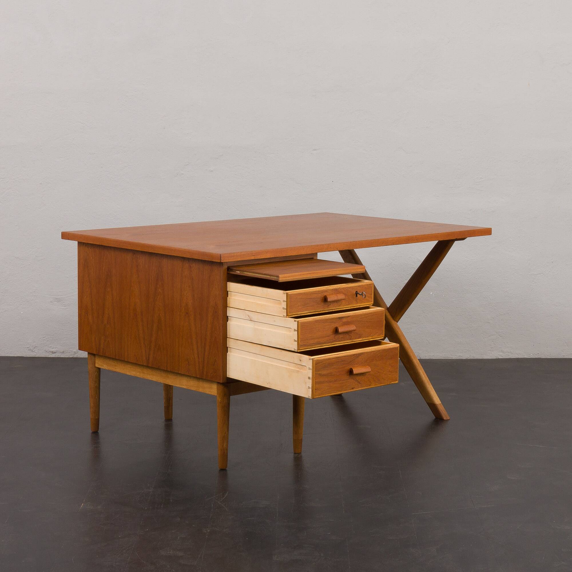 Teak and oak double-sided desk with X-shaped legs