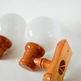 Pair of globe wall lights in pine and opaline 1960
