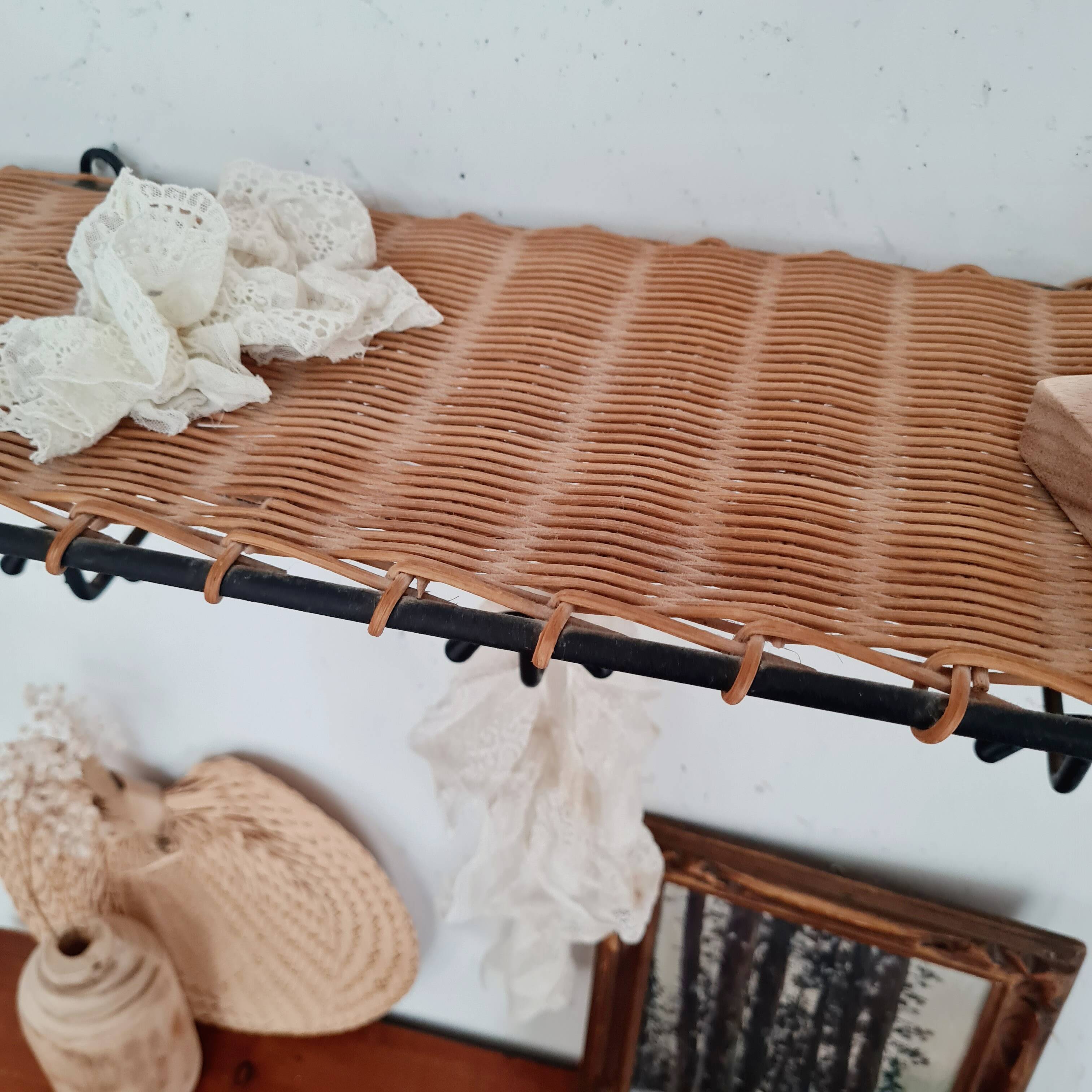 Metal and rattan coat rack