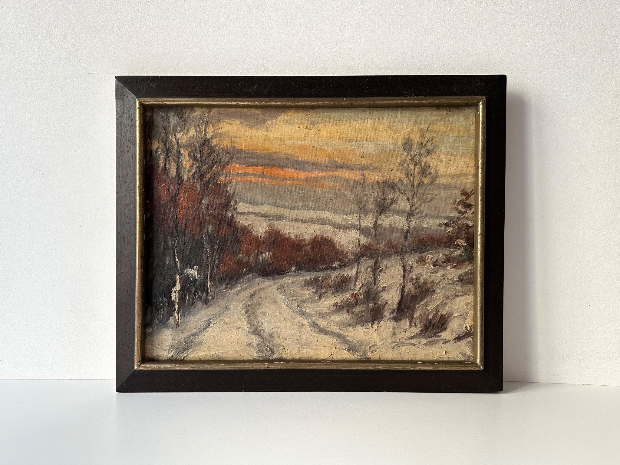 Oil on canvas of a winter landscape at dusk 1900, snow in the countryside.