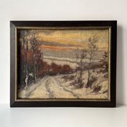Oil on canvas of a winter landscape at dusk 1900, snow in the countryside.