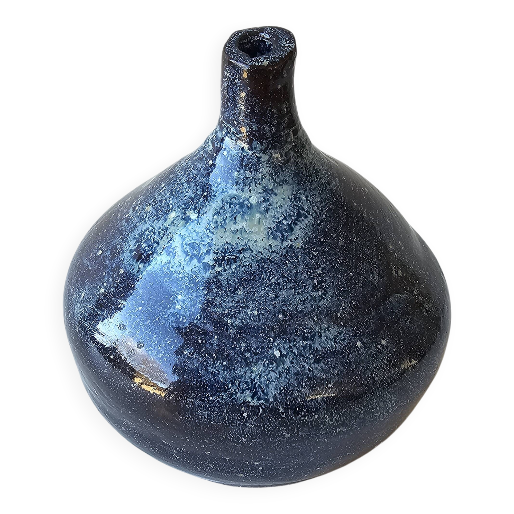 Small blue soliflore vase in glazed ceramic signed X (to be identified)