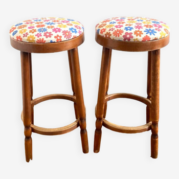 Pair of vintage wooden stools - vintage flower
