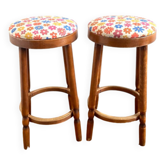 Pair of vintage wooden stools - vintage flower