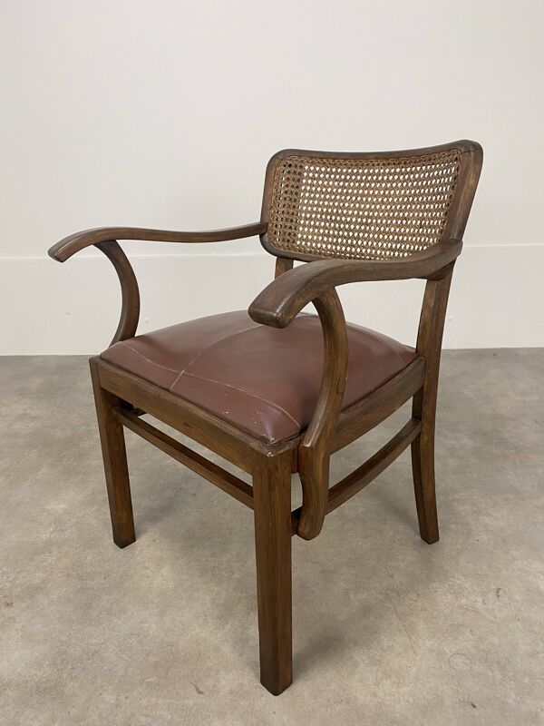 Fauteuil de bureau format bridge bois cuir et cannage années 20