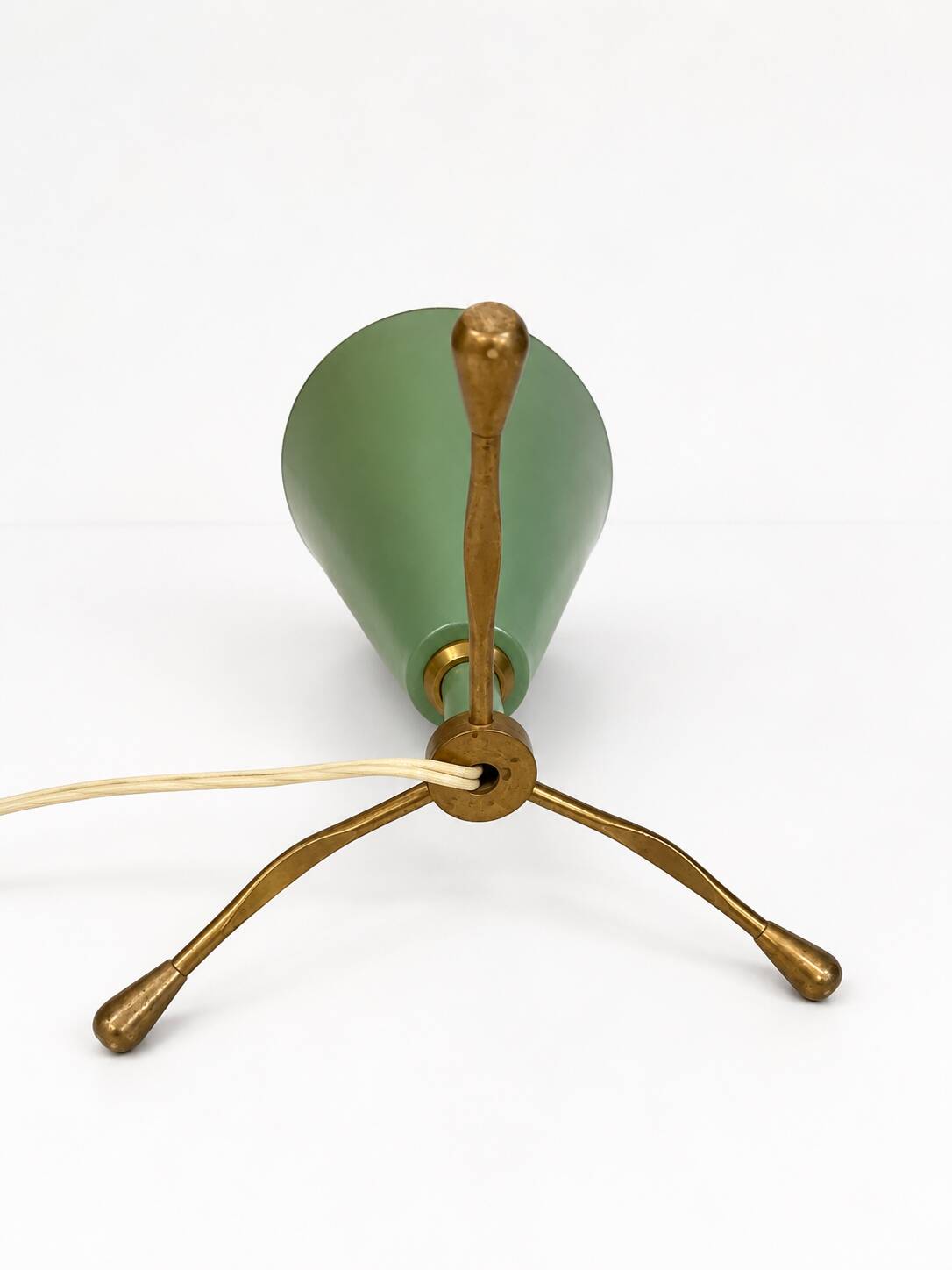 Small Conical Tripod Lamp in Sage Green and Brass Stilnovo Style 1950