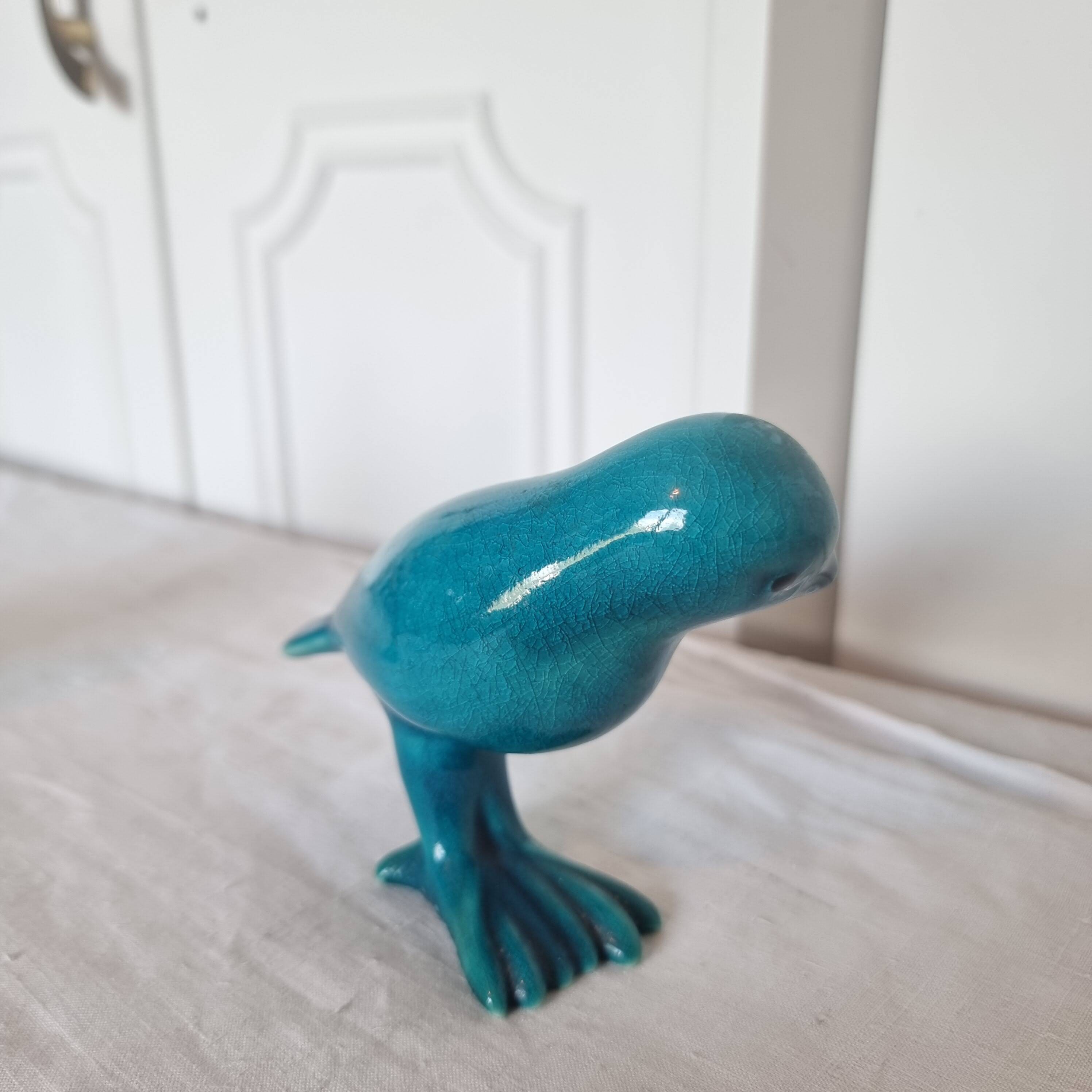 Pair of Art Deco Birds in Blue Porcelain from the 40s-50s signed