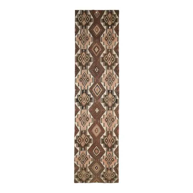 Vintage Turkish Handmade Wool Cotton Brown Kilim Runner 103x424