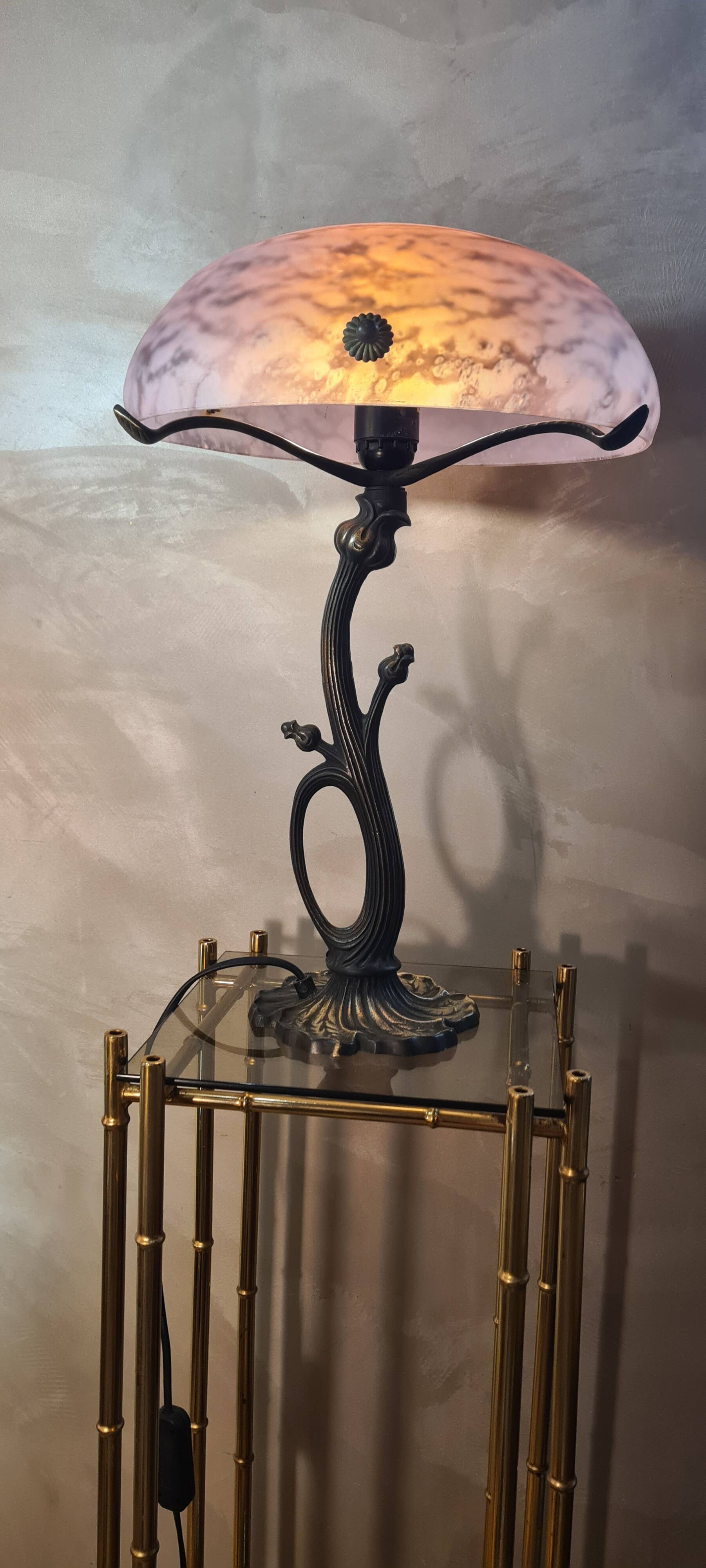 Art nouveau style bronze lamp and its marbled glass paste basin 48x30