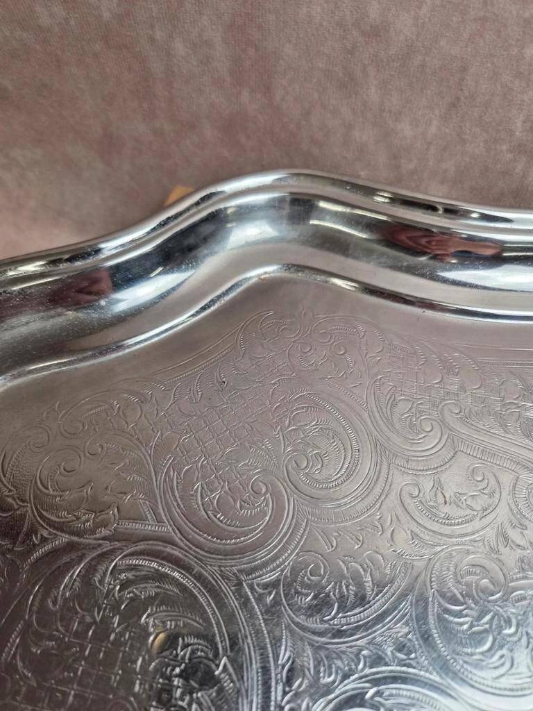 Large silver-plated serving tray – Rococo decoration & shell handles