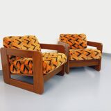 Pair of vintage walnut and velvet fabric sleigh armchairs from the 70s