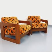 Pair of vintage walnut and velvet fabric sleigh armchairs from the 70s