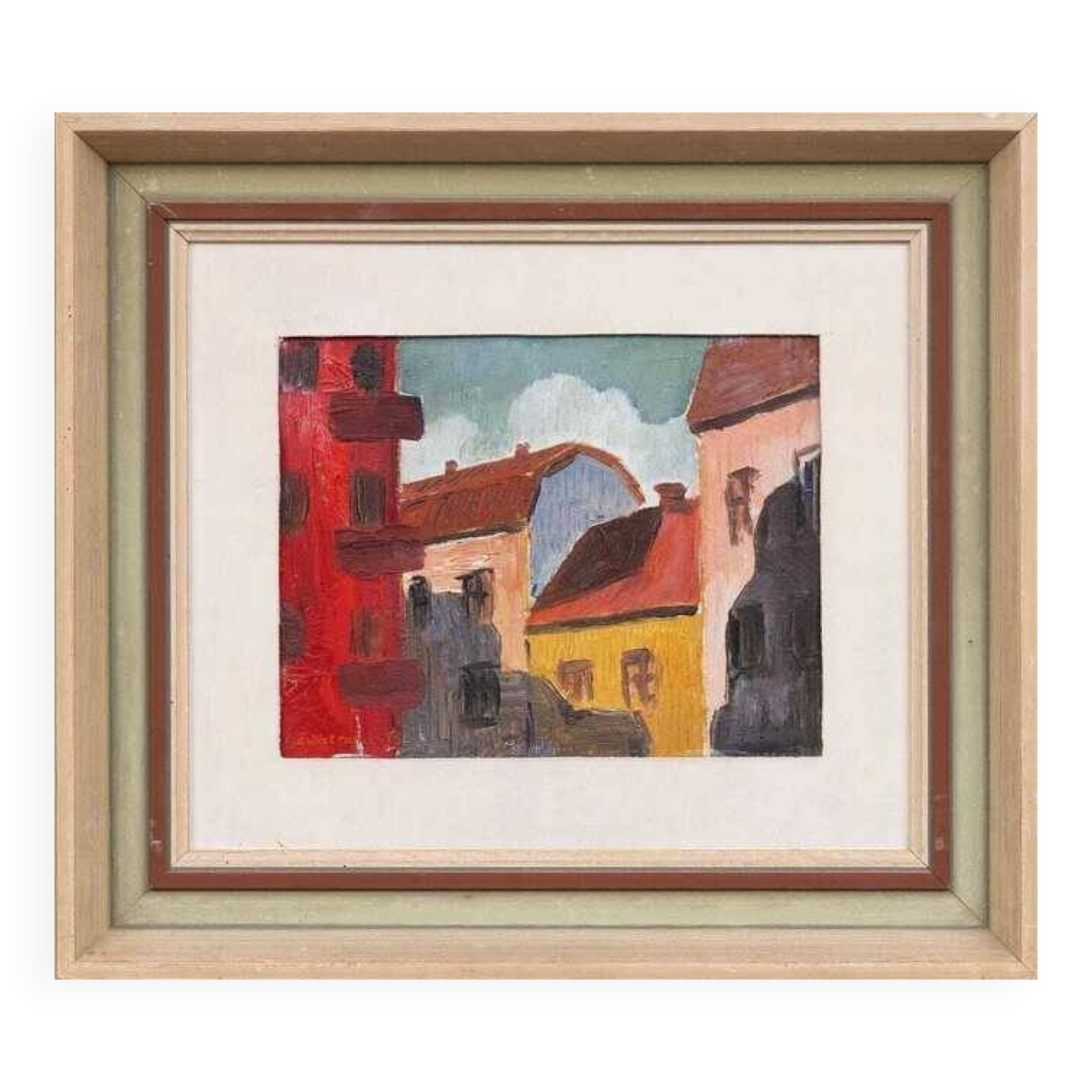 Original mid-century Swedish oil on panel – “House Facades” by A. Wistrand – dated 1946 – vintage & framed – 42 × 39 cm