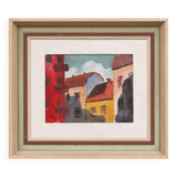 Original mid-century Swedish oil on panel – “House Facades” by A. Wistrand – dated 1946 – vintage & framed – 42 × 39 cm
