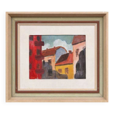 Huile sur panneau suédoise d'époque mi-siècle – « Façades de maisons » par A. Wistrand – datée de 1946 – vintage et encadrée – 42 × 39 cm
